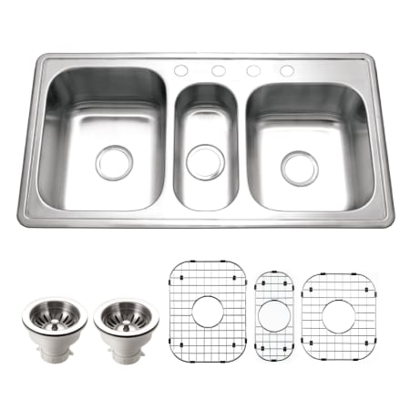 Houzer Premier 41-5/16" Drop In Triple Basin Stainless Steel Kitchen Sink with Basin Rack and Basket Strainer Stainless Steel