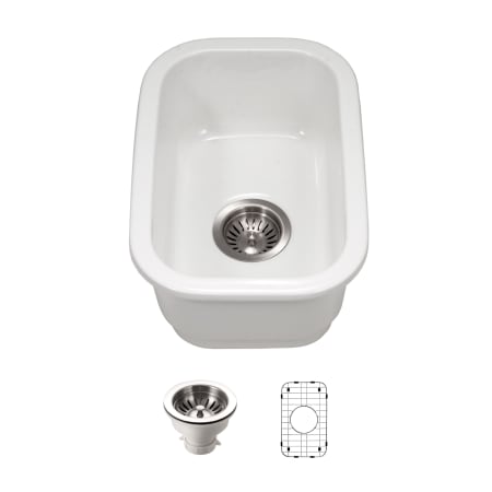 Houzer Platus 12-3/16" Undermount Single Basin Fireclay Bar Sink with Basin Rack and Basket Strainer White