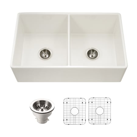 Houzer Platus 33" Farmhouse Double Basin Fireclay Kitchen Sink with Basin Rack and Basket Strainer Biscuit