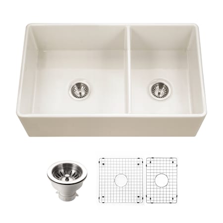 Houzer Platus 33" Farmhouse Double Basin Fireclay Kitchen Sink with Basin Rack and Basket Strainer Biscuit