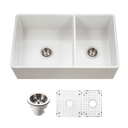 Houzer Platus 33" Farmhouse Double Basin Fireclay Kitchen Sink with Basin Rack and Basket Strainer White