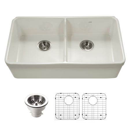 Houzer Platus 32-3/16" Farmhouse Double Basin Fireclay Kitchen Sink with Basin Rack and Basket Strainer Biscuit