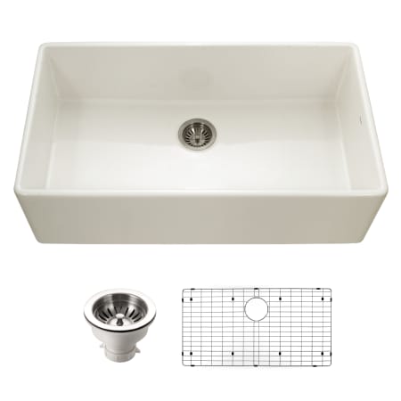 Houzer Platus 36" Farmhouse Single Basin Fireclay Kitchen Sink with Basin Rack and Basket Strainer Biscuit