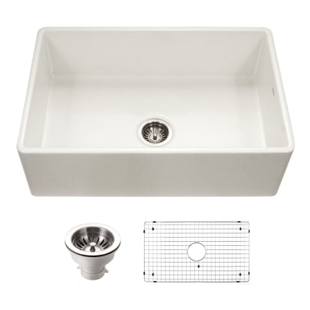 Houzer Platus 33" Farmhouse Single Basin Fireclay Kitchen Sink with Basin Rack and Basket Strainer Biscuit