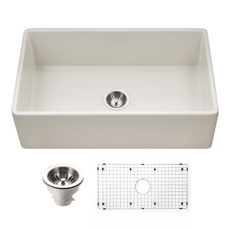 Houzer Platus 33" Farmhouse Single Basin Fireclay Kitchen Sink with Basin Rack and Basket Strainer Biscuit