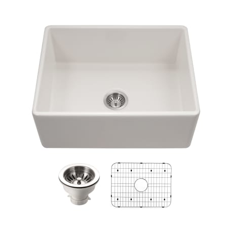 Houzer Platus 26" Farmhouse Single Basin Fireclay Kitchen Sink with Basin Rack and Basket Strainer Biscuit