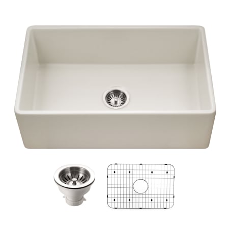 Houzer Platus 30" Farmhouse Single Basin Fireclay Kitchen Sink with Basin Rack and Basket Strainer Biscuit
