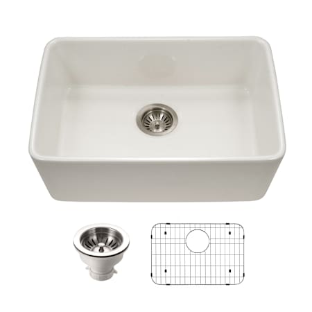 Houzer Platus 23-7/16" Undermount Single Basin Fireclay Kitchen Sink with Basin Rack and Basket Strainer Biscuit