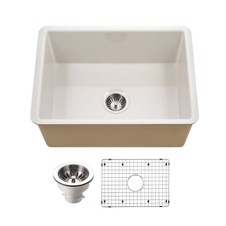 Houzer Platus 25-1/2" Undermount Single Basin Fireclay Kitchen Sink with Basin Rack and Basket Strainer Biscuit