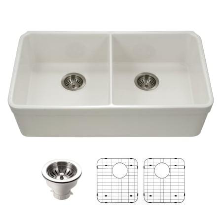 Houzer Platus 32-3/16" Undermount Double Basin Fireclay Kitchen Sink with Basin Rack and Basket Strainer Biscuit