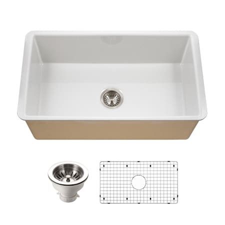 Houzer Platus 32" Undermount Single Basin Fireclay Kitchen Sink with Basin Rack and Basket Strainer White