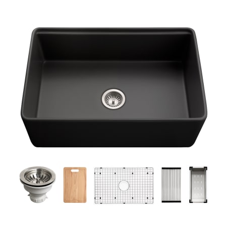 Houzer Aspire 30" Farmhouse Single Basin Fireclay Kitchen Sink with Basin Rack, Basket Strainer and Cutting Board Black