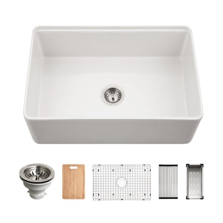 Houzer Aspire 30" Farmhouse Single Basin Fireclay Kitchen Sink with Basin Rack, Basket Strainer and Cutting Board White