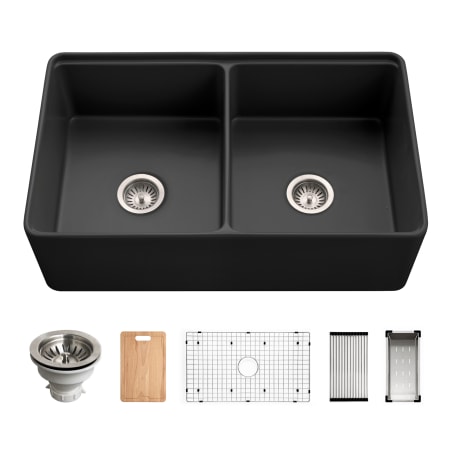Houzer Aspire 33" Farmhouse Double Basin Fireclay Kitchen Sink with Basin Rack, Basket Strainer and Cutting Board Black