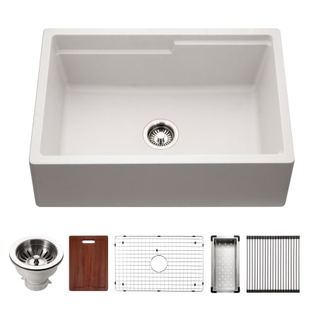 Houzer Quartztone 30" Farmhouse Single Basin Granite Composite Kitchen Sink with Basin Rack, Basket Strainer and Cutting Board Cloud