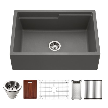 Houzer Quartztone 30" Farmhouse Single Basin Granite Composite Kitchen Sink with Basin Rack, Basket Strainer and Cutting Board Slate