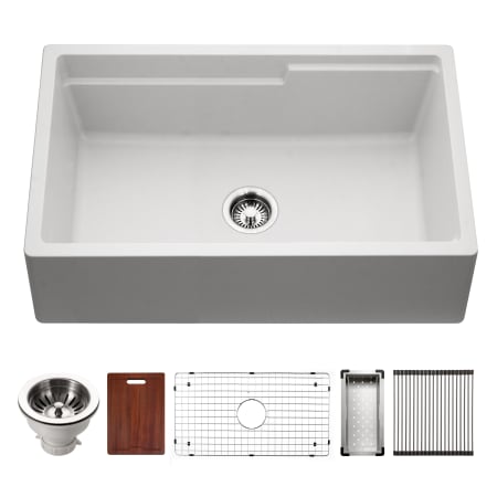 Houzer Quartztone 33" Farmhouse Single Basin Granite Composite Kitchen Sink with Basin Rack, Basket Strainer and Cutting Board Cloud