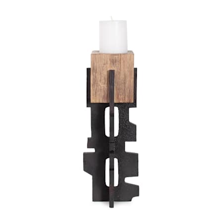 Howard Elliott Cade 13.5" Tall Metal and Wood Architectural Pillar Candle Holder Black