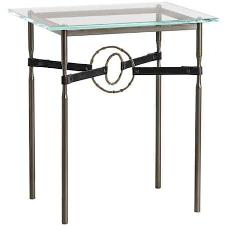 Hubbardton Forge Equus 22" Wide Metal Table with Glass Top, Bronze Rings, and Leather Accents Oil Rubbed Bronze / Bronze / Black