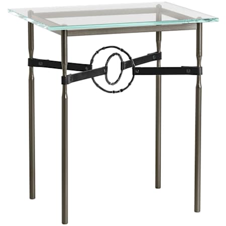 Hubbardton Forge Equus 22" Wide Metal Table with Glass Top, Black Rings, and Leather Accents Oil Rubbed Bronze / Black / Black