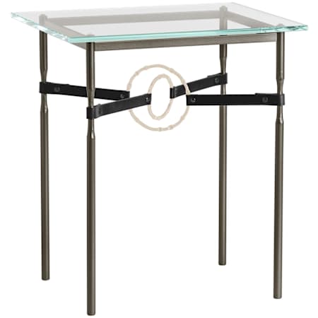 Hubbardton Forge Equus 22" Wide Metal Table with Glass Top, Soft Gold Rings, and Leather Accents Oil Rubbed Bronze / Soft Gold / Black