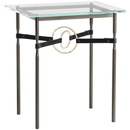 Hubbardton Forge Equus 22" Wide Metal Table with Glass Top, Modern Brass Rings, and Leather Accents Oil Rubbed Bronze / Modern Brass / Black