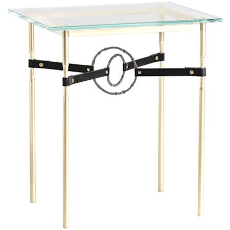 Hubbardton Forge Equus 22" Wide Metal Table with Glass Top, Dark Smoke Rings, and Leather Accents Modern Brass / Dark Smoke / Black