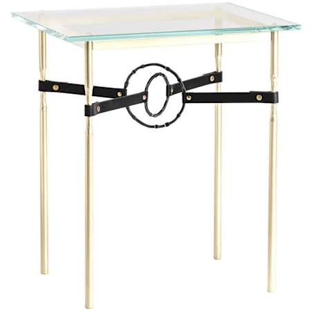 Hubbardton Forge Equus 22" Wide Metal Table with Glass Top, Black Rings, and Leather Accents Modern Brass / Black / Black