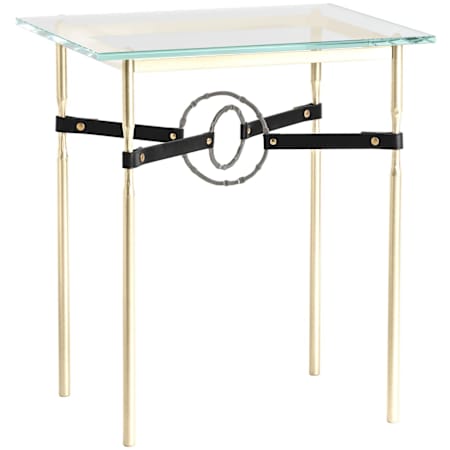 Hubbardton Forge Equus 22" Wide Metal Table with Glass Top, Natural Iron Rings, and Leather Accents Modern Brass / Natural Iron / Black