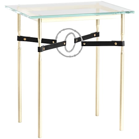 Hubbardton Forge Equus 22" Wide Metal Table with Glass Top, Vintage Platinum Rings, and Leather Accents Modern Brass / Vintage Platinum / Black