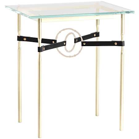 Hubbardton Forge Equus 22" Wide Metal Table with Glass Top, Soft Gold Rings, and Leather Accents Modern Brass / Soft Gold / Black