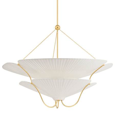 Hudson Valley Lighting Gerhard 9 Light 40" Wide Waterfall Chandelier with Ivory Linen Shades Aged Brass