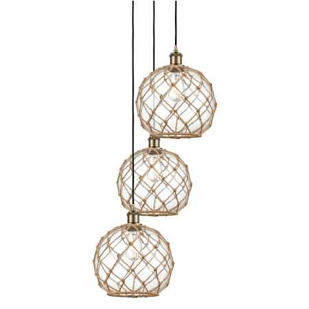 Innovations Lighting Farmhouse Rope 3 Light 17" Wide Multi Light Pendant Antique Brass / Clear Glass with Brown Rope
