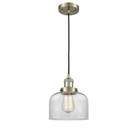 Innovations Lighting Large Bell 8" Wide Mini Pendant - Cord Suspension Antique Brass / Clear