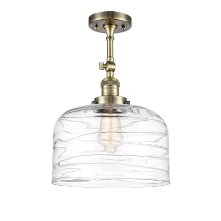 Innovations Lighting Bell 12" Wide Semi-Flush Ceiling Fixture Antique Brass / Clear Deco Swirl