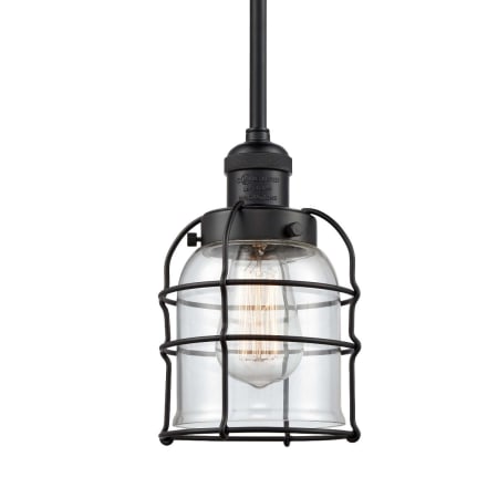 Innovations Lighting Small Bell Cage 6" Wide Mini Pendant - Downrod Suspension Matte Black / Clear