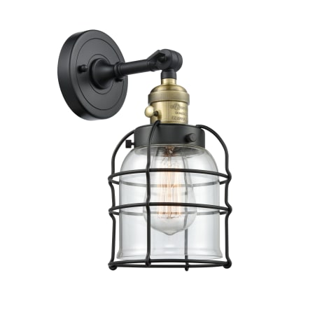 Innovations Lighting Small Bell Cage Single Light 12" Tall Bathroom Sconce - 3 Way Switch on Socket Black Antique Brass / Clear