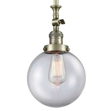 Innovations Lighting Beacon Single Light 8" Wide Mini Pendant with Heavy Cast Canopy Antique Brass / Clear