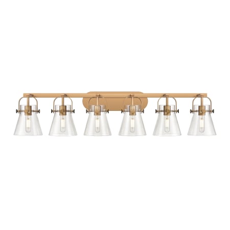 Innovations Lighting Pilaster II Cone 6 Light 46" Wide Vanity Light Brushed Brass / Clear