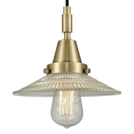Innovations Lighting Halophane 9" Wide Mini Pendant with Clear, Ribbed Halophane Glass Shade Antique Brass