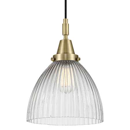 Innovations Lighting Seneca Falls 10" Wide Mini Pendant with Clear, Ribbed Halophane Glass Shade Antique Brass