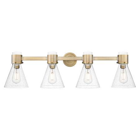 Innovations Lighting Lawton Cone 4 Light 34" Wide Vanity Light with Clear, Seedy Glass Shades Brushed Brass