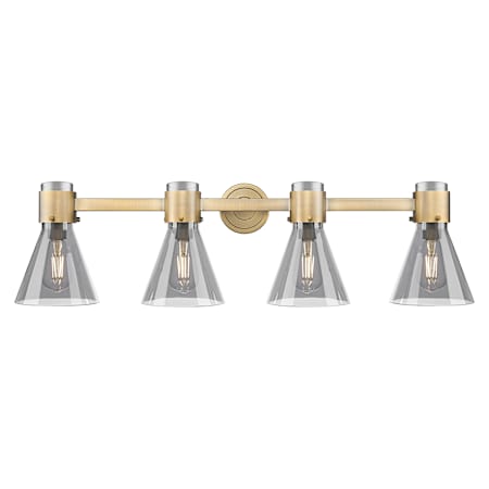 Innovations Lighting Lawton Cone 4 Light 34" Wide Vanity Light with Light Smoke Glass Shades Brushed Brass