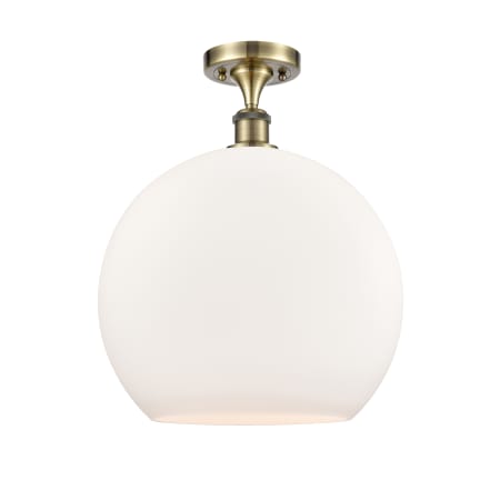 Innovations Lighting Athens 14" Wide Semi-Flush Globe Ceiling Fixture Antique Brass / Matte White