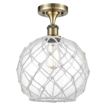 Innovations Lighting Farmhouse Rope 10" Wide Semi-Flush Globe Ceiling Fixture Antique Brass / Clear Glass with White Rope