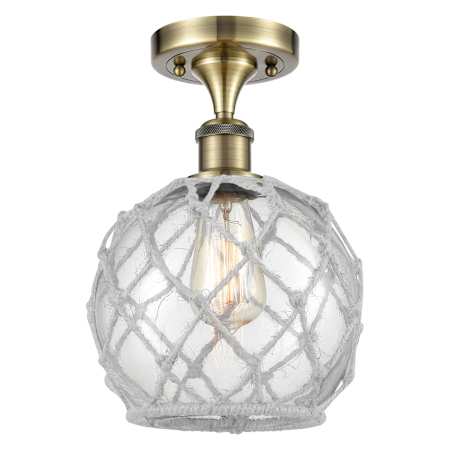Innovations Lighting Farmhouse Rope 8" Wide Semi-Flush Globe Ceiling Fixture Antique Brass / Clear Glass with White Rope