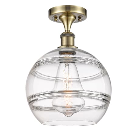 Innovations Lighting Rochester 10" Wide Semi-Flush Ceiling Fixture Antique Brass / Clear
