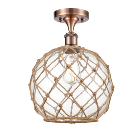 Innovations Lighting Large Farmhouse Rope 10" Wide Semi-Flush Ceiling Fixture Antique Copper / Clear Glass with Brown Rope