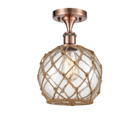Innovations Lighting Farmhouse Rope 8" Wide Semi-Flush Ceiling Fixture Antique Copper / Clear Glass with Brown Rope