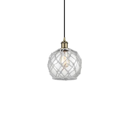 Innovations Lighting Farmhouse Rope 8" Wide Mini Pendant Antique Brass / Clear Glass with White Rope